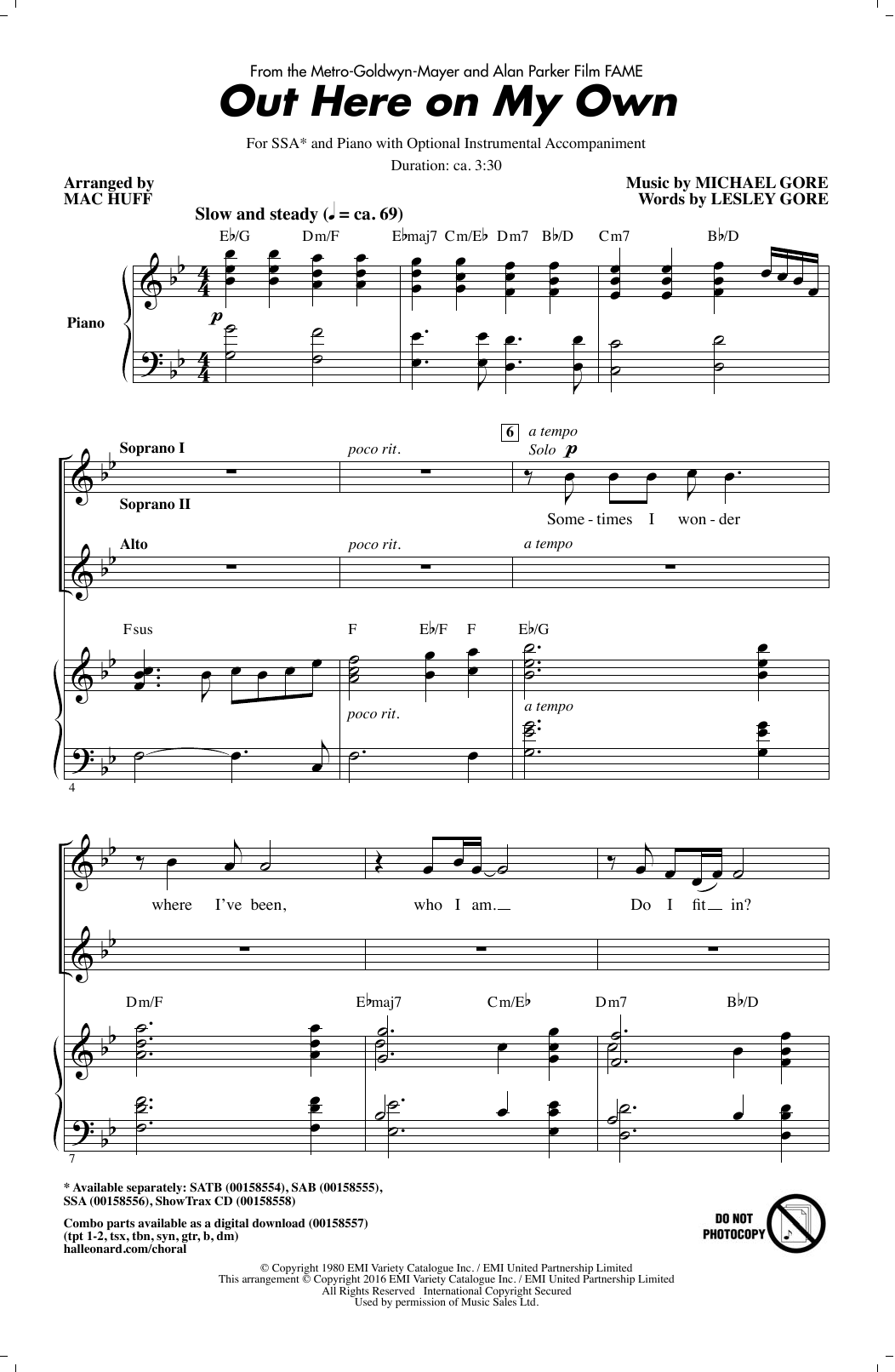 Out Here On My Own By Mariann Cook Free Sheet Music