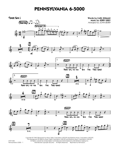 Pennsylvania 6-5000 - Tenor Sax 1 By Glenn Miller Free Sheet Music