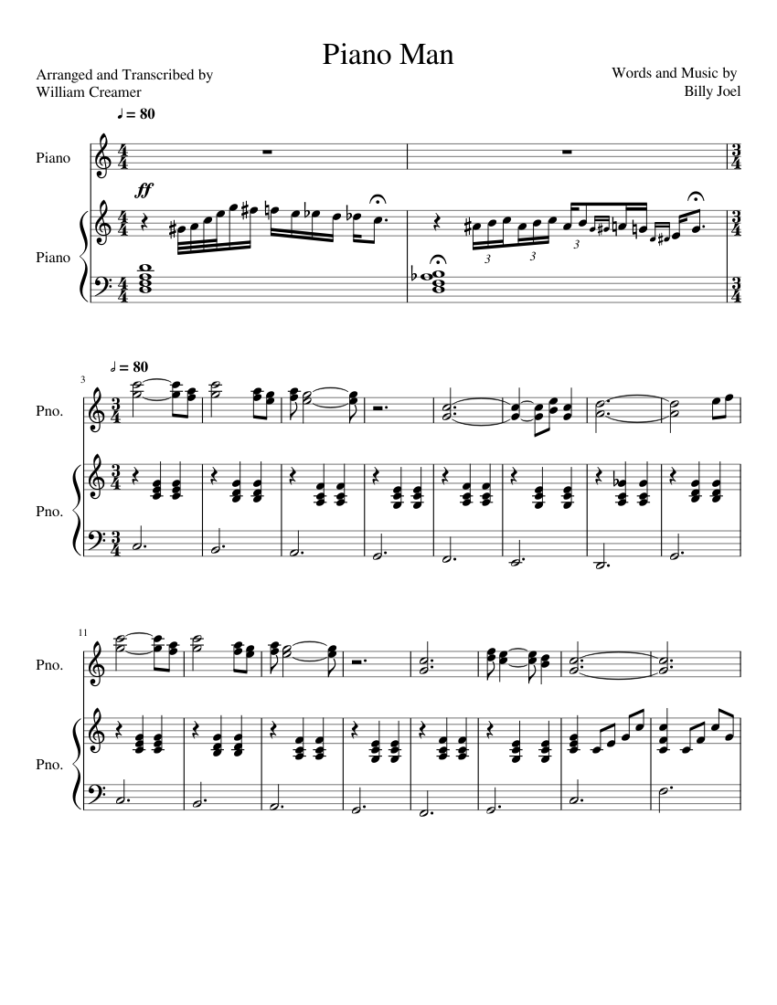 Piano Man By Billy Joel Free Sheet Music