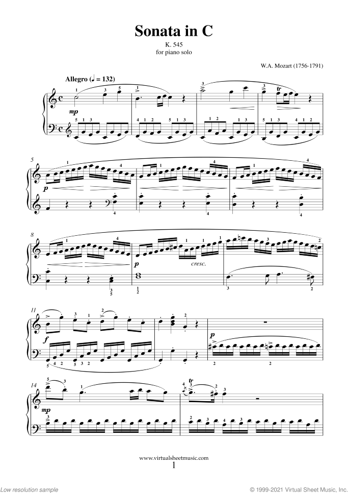 Piano Sonata In C Major K545 (Facile) By Wolfgang Amadeus Mozart Free Sheet Music