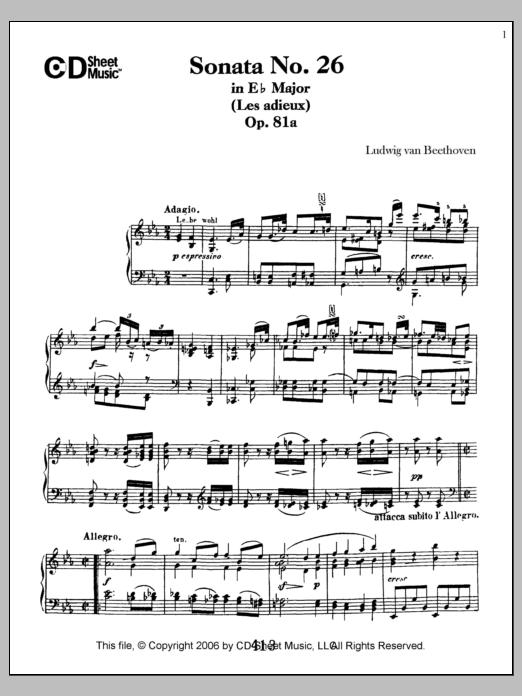 Piano Sonata No. 26 E-flat Major Op. 81a (Les Adieux) - Revised Edition By Ludwig Van Beethoven Free Sheet Music