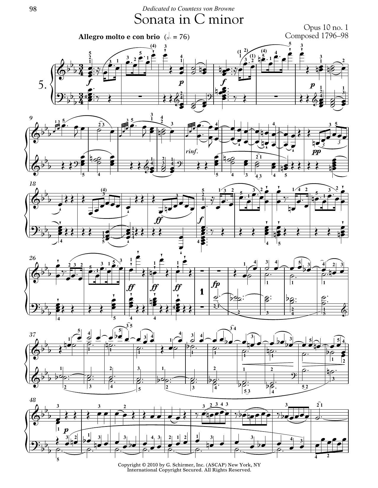 Piano Sonata No. 5 In C Minor, Op. 10, No. 1 By Ludwig Van Beethoven Free Sheet Music