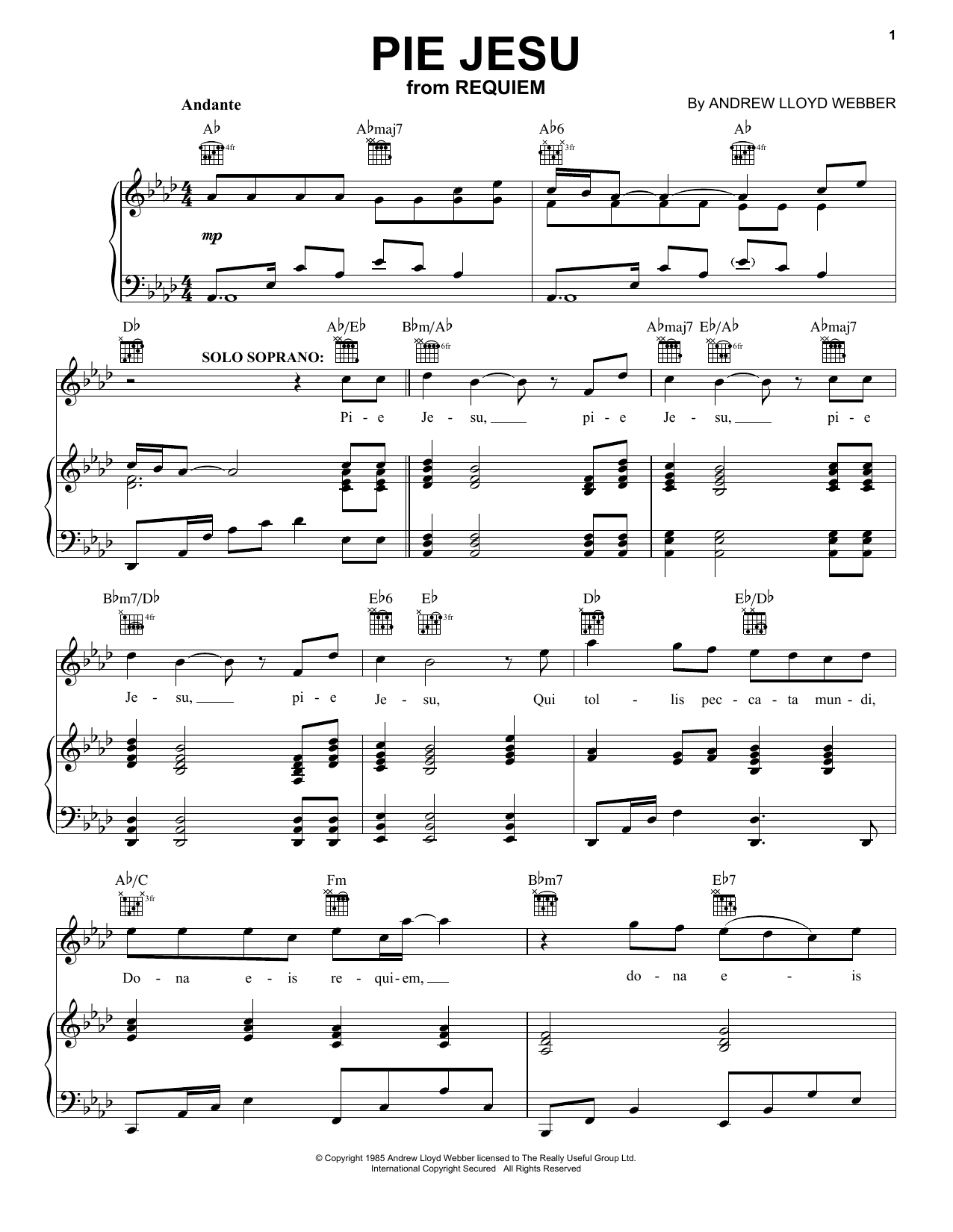 Pie Jesu By Andrew Lloyd Webber Free Sheet Music