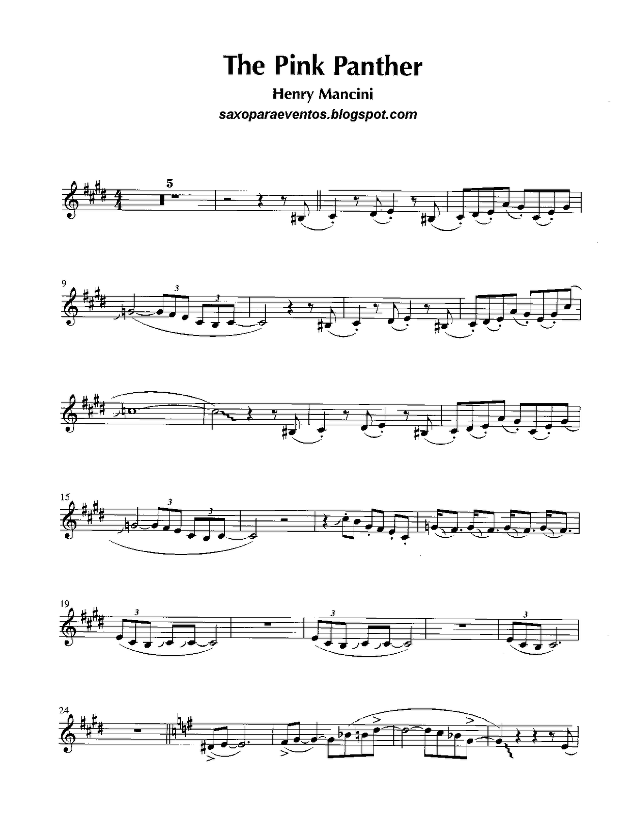 Pink Panther Theme By Henry Mancini Free Sheet Music