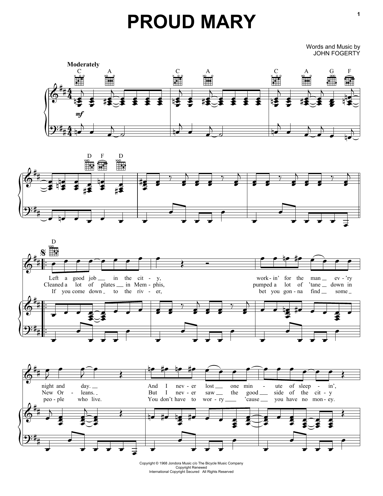 Proud Mary By Creedence Clearwater Revival Free Sheet Music