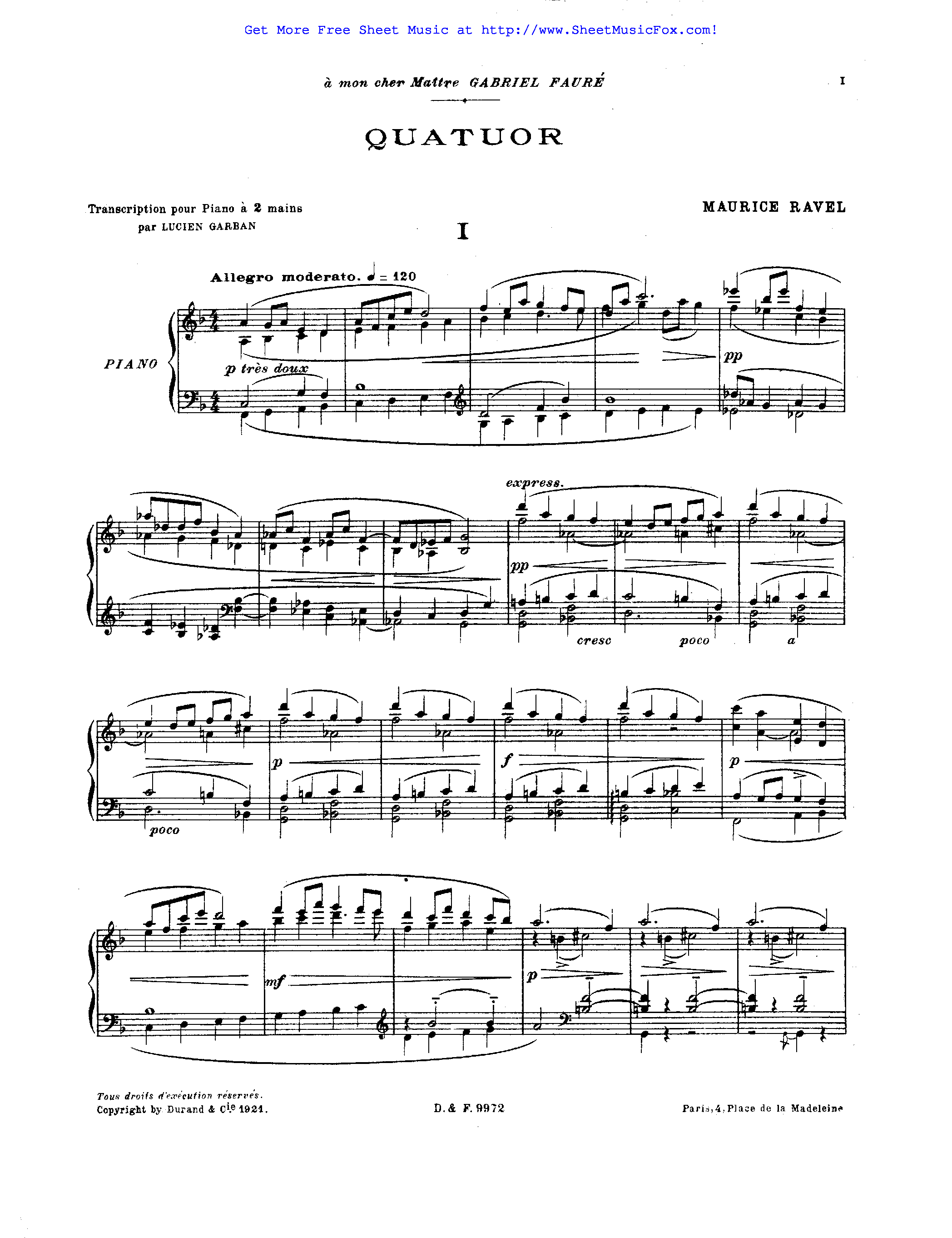 Quartet In F Major By Maurice Ravel Free Sheet Music