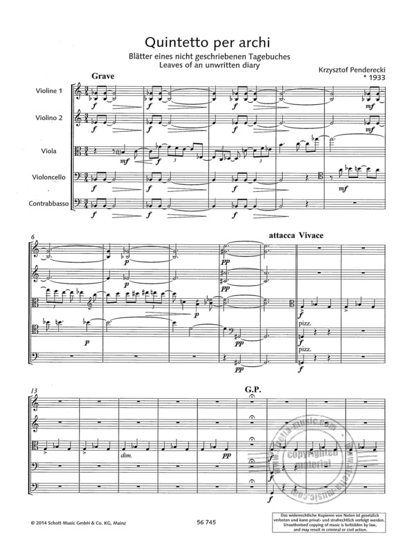 Quintetto Per Archi By Krzysztof Penderecki Free Sheet Music