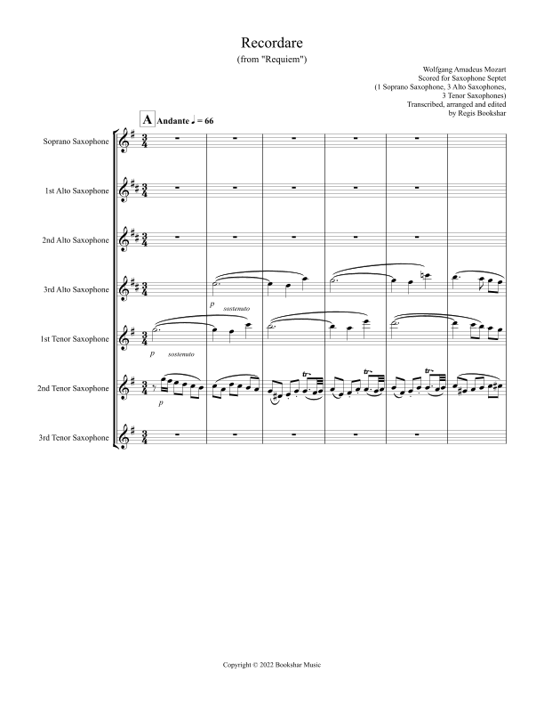 Recordare (from Requiem) (F) (Saxophone Sextet - 1 Sop, 3 Alto, 1 Ten, 1 Bari) By Wolfgang Amadeus Mozart Free Sheet Music