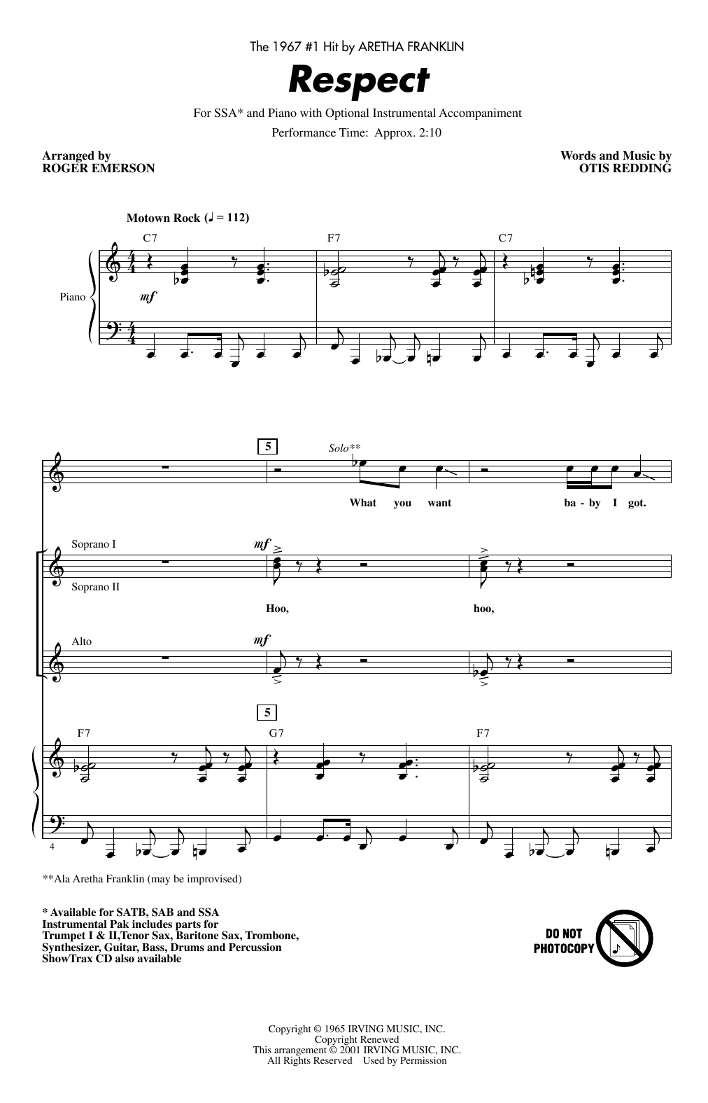 Respect (arr. Roger Emerson) By Aretha Franklin Free Sheet Music