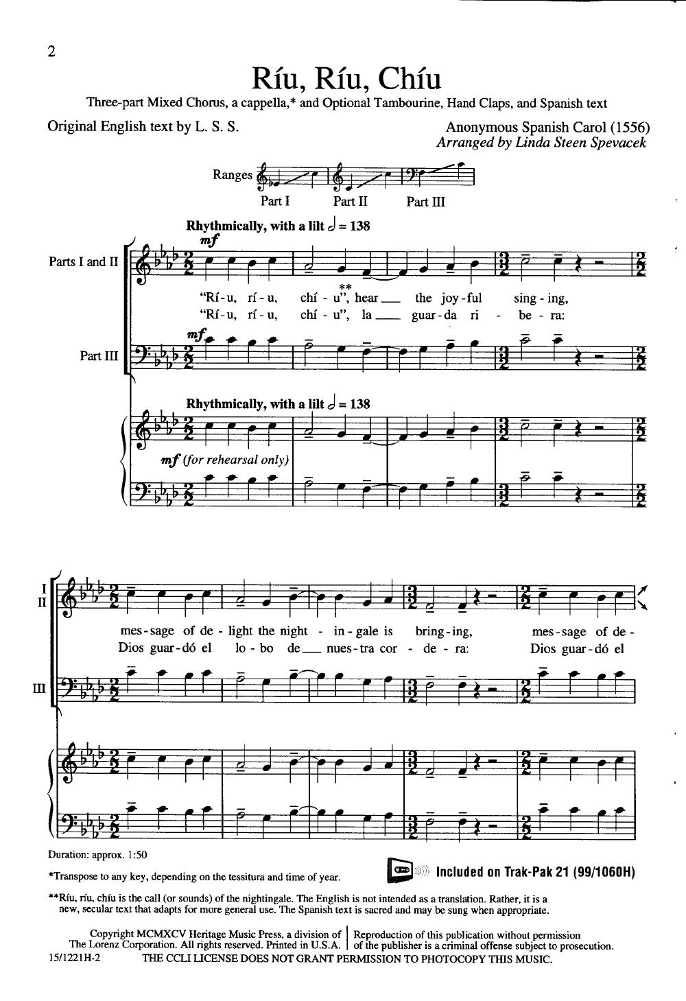 Ríu, Ríu, Chíu By Linda Spevacek Free Sheet Music