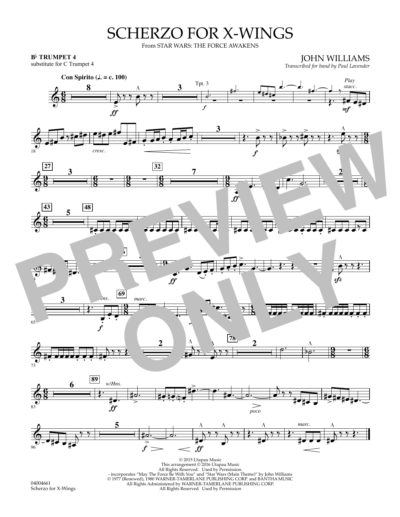 Scherzo For X-Wings - Bb Trumpet Parts - Bb Trumpet 4 (sub. C Tpt. 4) By Paul Lavender Free Sheet Music