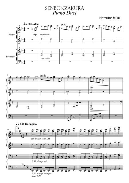 Senbonzakura Miku Piano Duet By Published Harmony Free Sheet Music