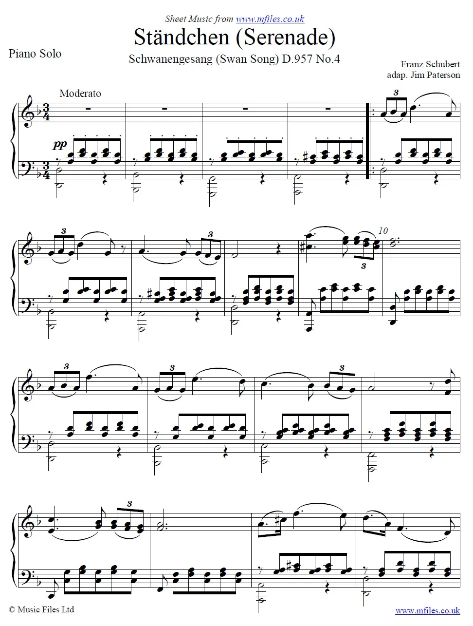 Serenade Standchen For Piano Solo (Schubert) By Franz Schubert Free Sheet Music