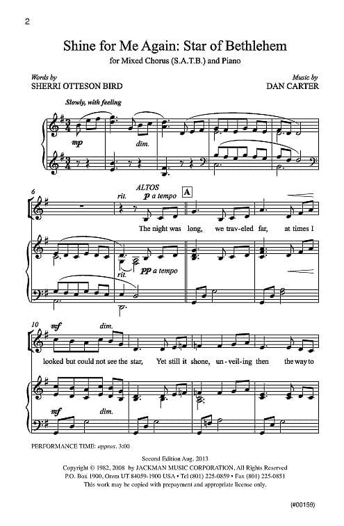 Shine For Me Again, Star Of Bethlehem - SATB By Dan L. Carter Free Sheet Music