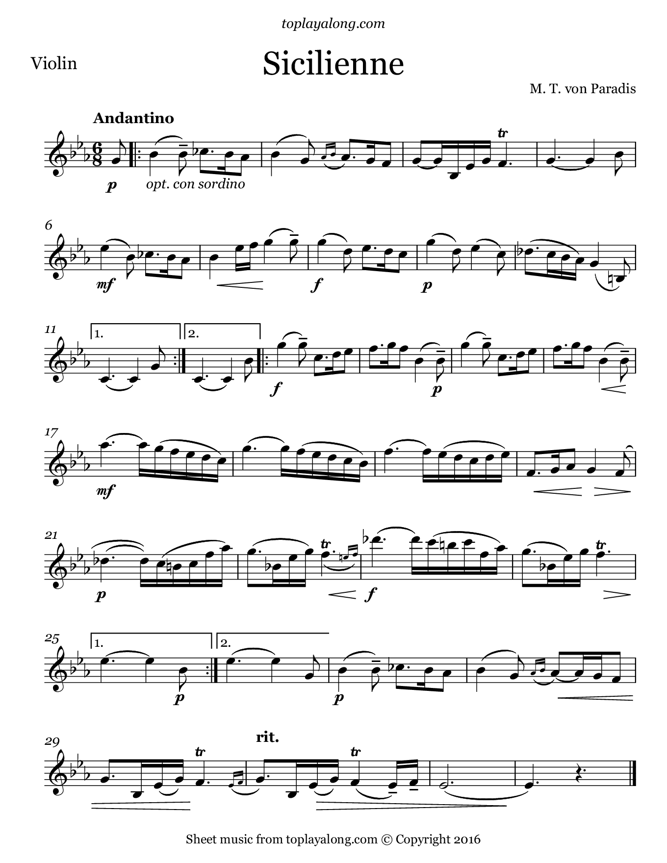 Sicilienne By Maria Theresia Von Paradis Free Sheet Music