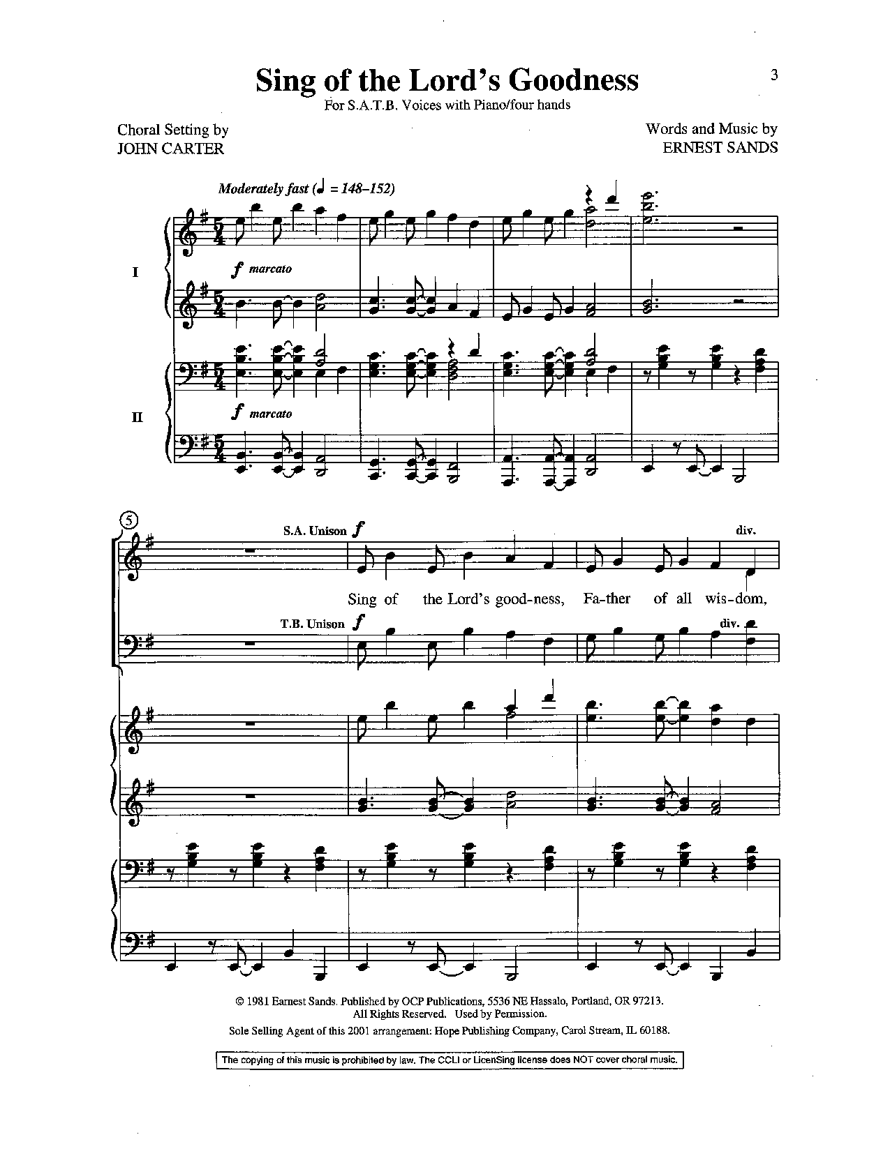 Sing Of The Lord's Goodness By Ernest Sands Free Sheet Music