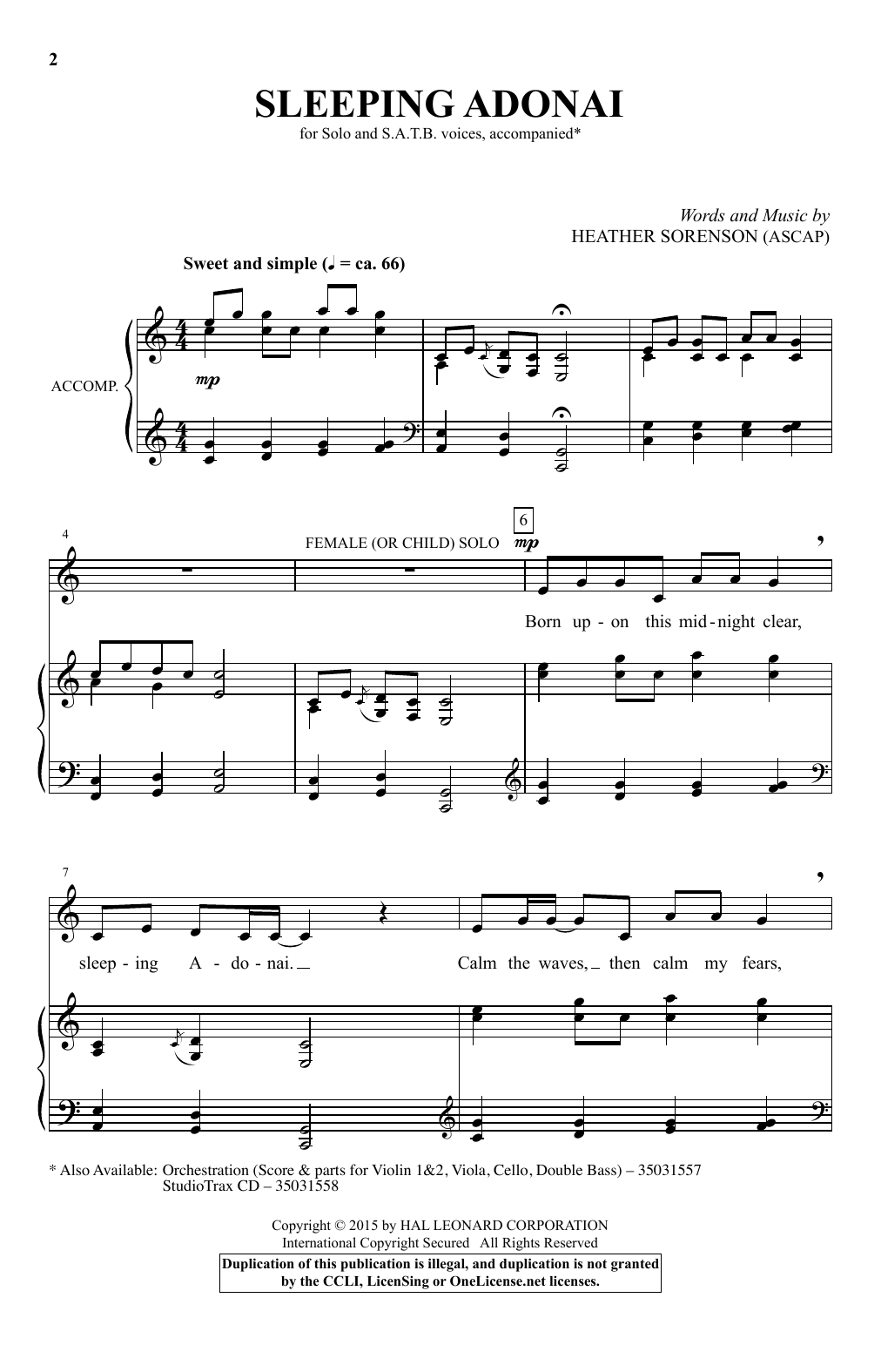 Sleeping Adonai By Heather Sorenson Free Sheet Music