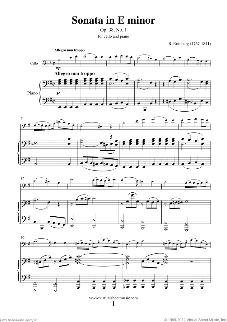 Sonata In E Minor, Op. 38, No. 1 For 3 Cellos By Bernhard Romberg Free Sheet Music