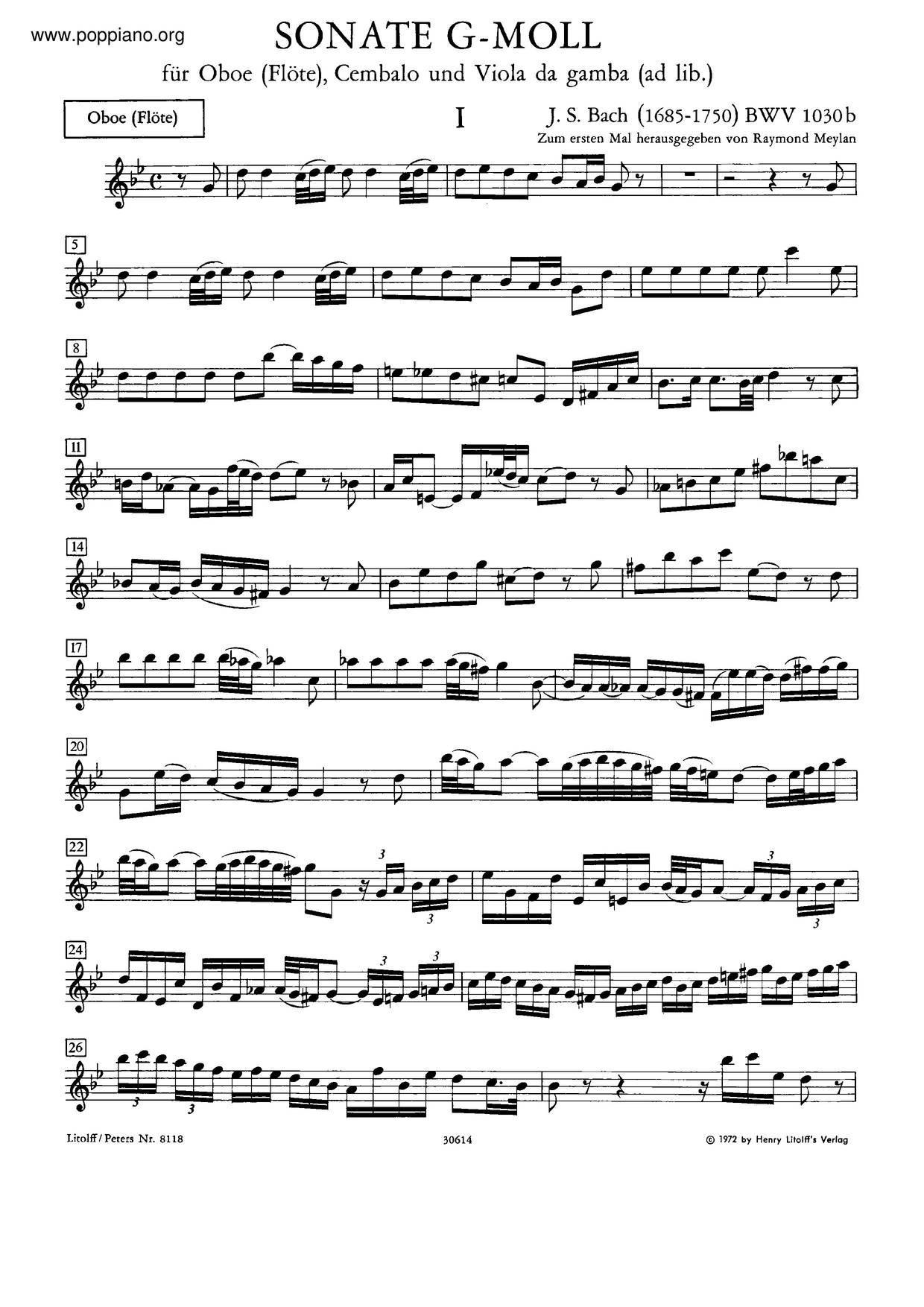 Sonata In G Minor BWV 1030b F. Oboe (Flute) And Harpsichord (Vdg./Cello Ad Lib.) By Johann Sebastian Bach Free Sheet Music