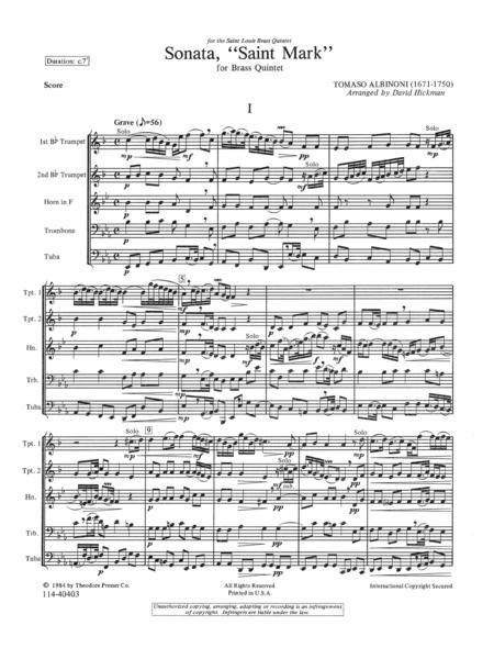 Sonata, Saint Mark By Tomaso Giovanni Albinoni Free Sheet Music