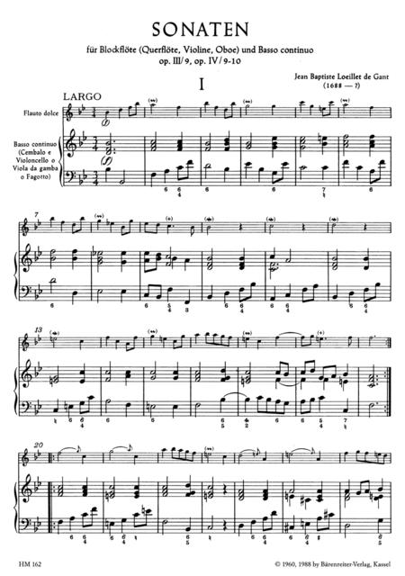 Sonaten For Recorder (Flute, Violin, Oboe) And Basso Continuo Op. III/9,IV/9-10 By Loeillet De Gant Free Sheet Music