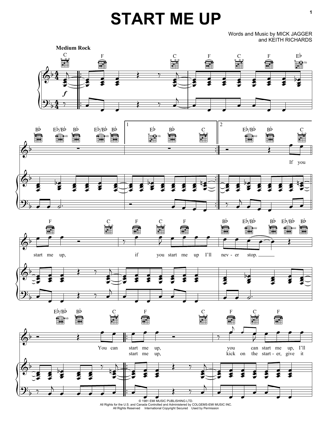 Start Me Up By The Rolling Stones Free Sheet Music