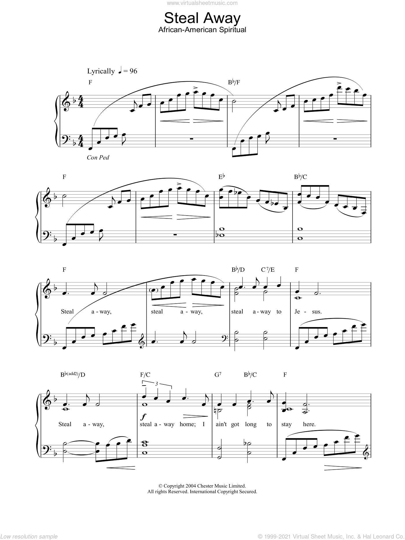 Steal Away - Piano Solo By African American Spiritual Free Sheet Music