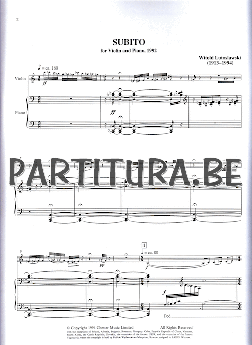 Subito For Violin And Piano By Witold Lutoslawski Free Sheet Music