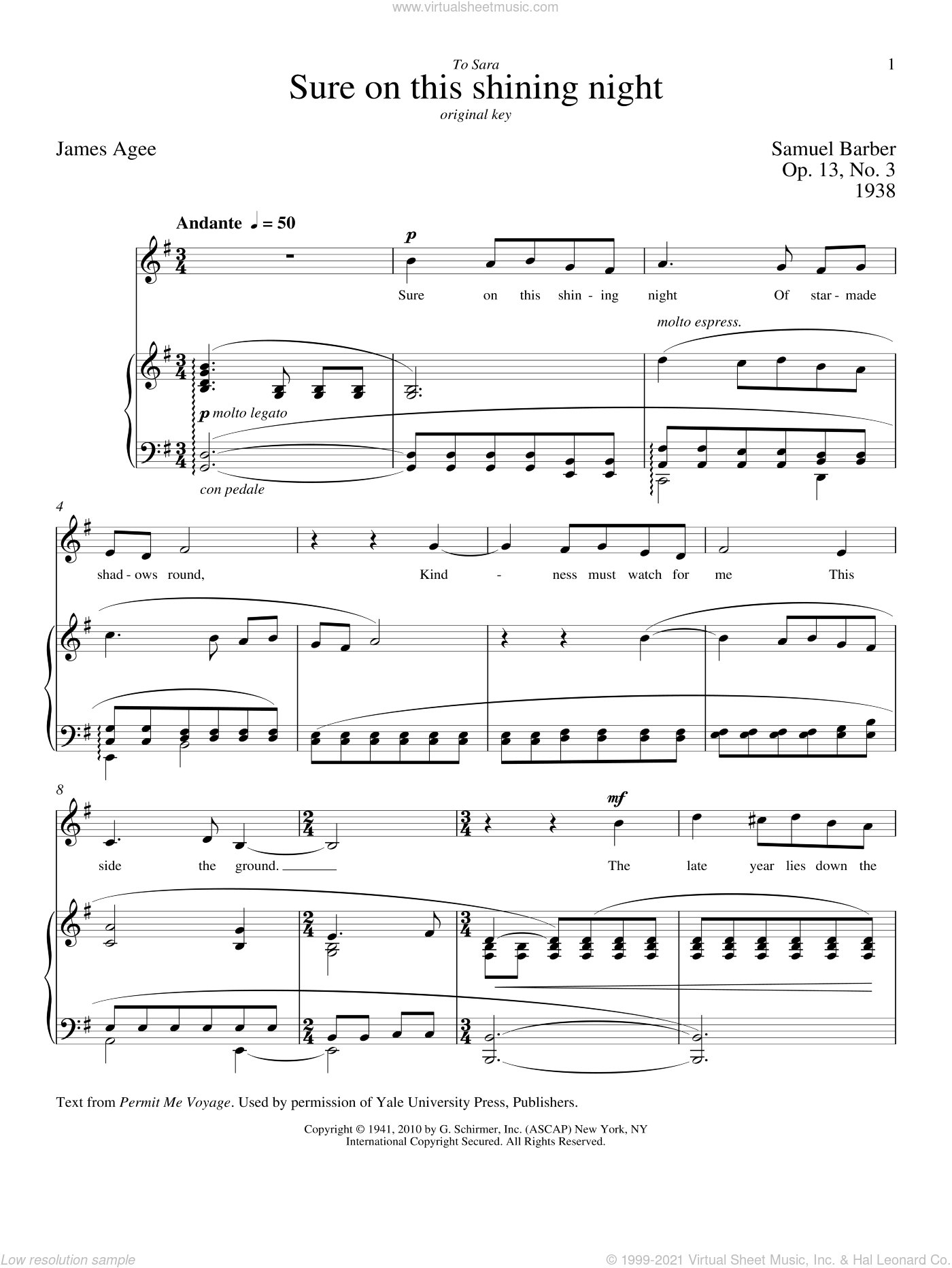 Sure On This Shining Night By James Agee Free Sheet Music