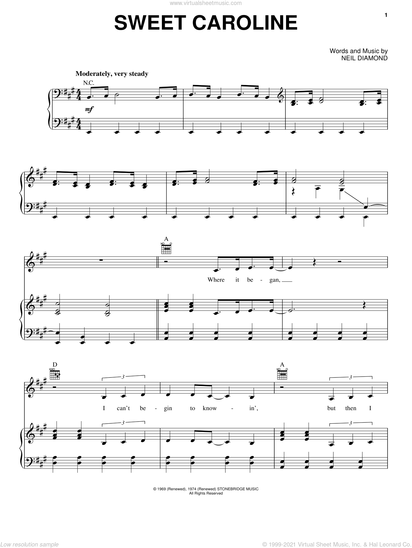 Sweet Caroline By Neil Diamond Free Sheet Music