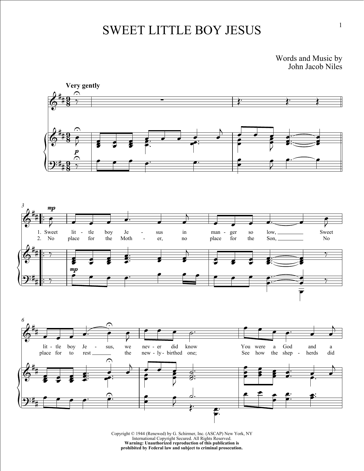 Sweet Little Boy Jesus By John Jacob Niles Free Sheet Music