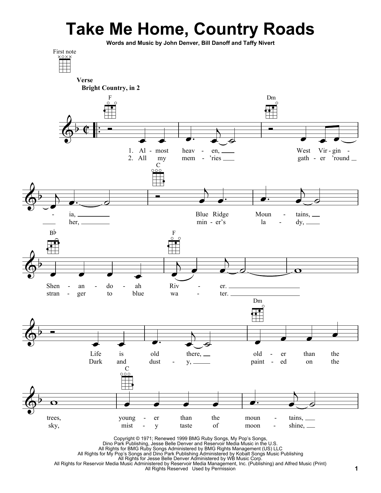 Take Me Home, Country Roads By John Denver Free Sheet Music