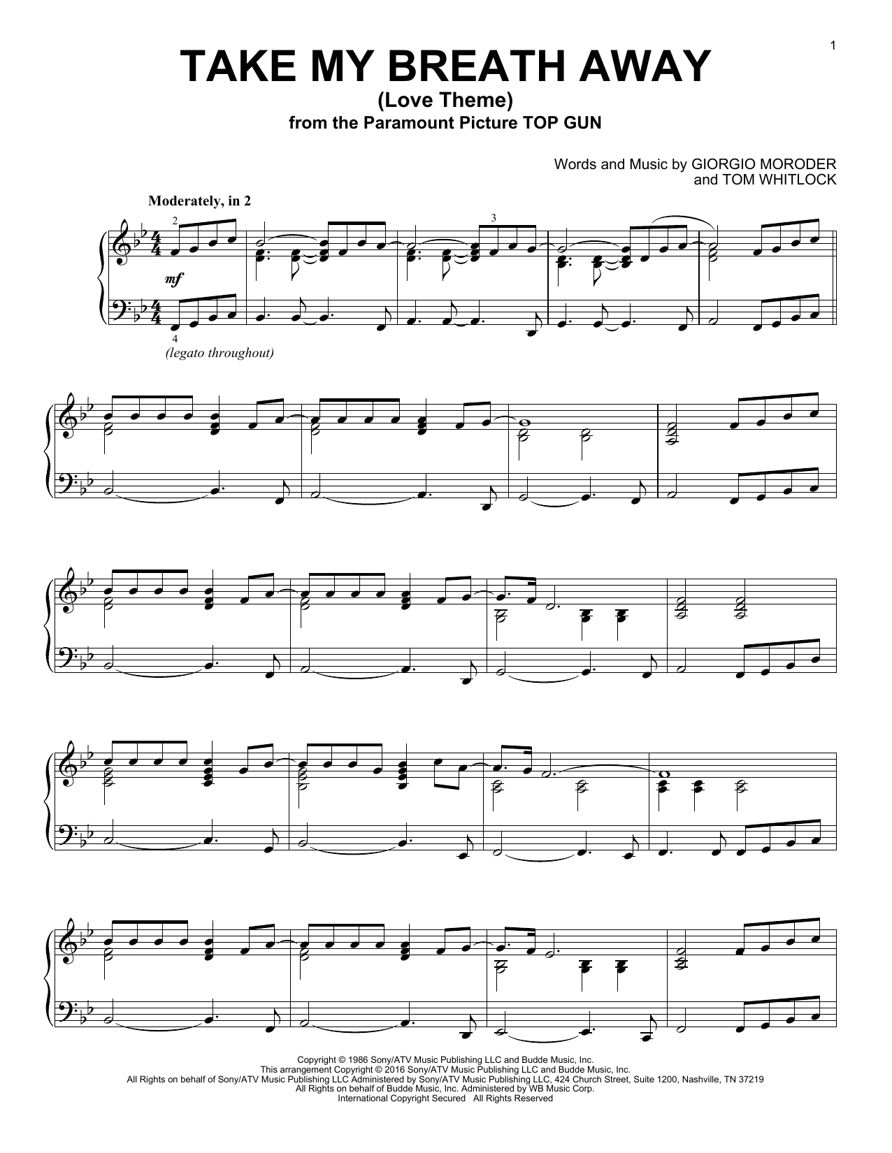 Take My Breath Away By Giorgio Moroder Free Sheet Music