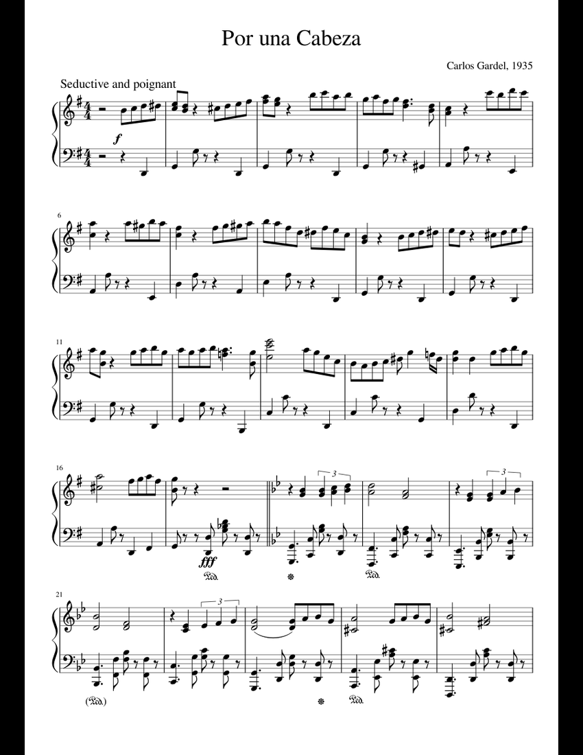 Tango (Por Una Cabeza) By Alfredo Le Pera Free Sheet Music