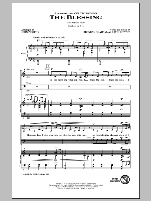 The Blessing (arr. John Purifoy) By Celtic Woman Free Sheet Music