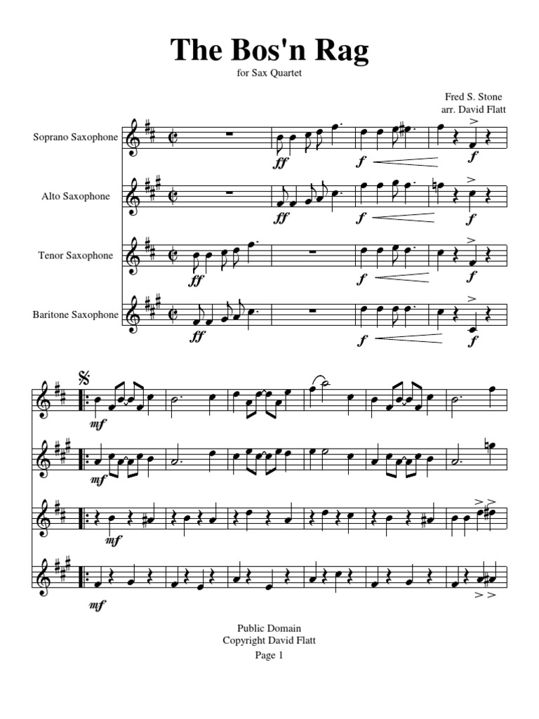 The Bos'n Rag For Saxophone Quartet By Fred S. Stone / Arr. David Flatt Free Sheet Music