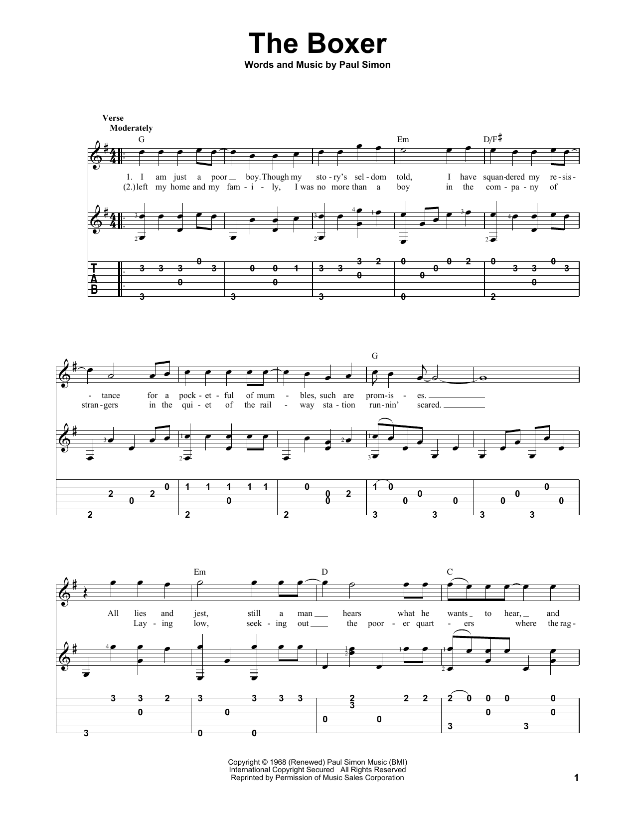 The Boxer By Simon And Garfunkel Free Sheet Music