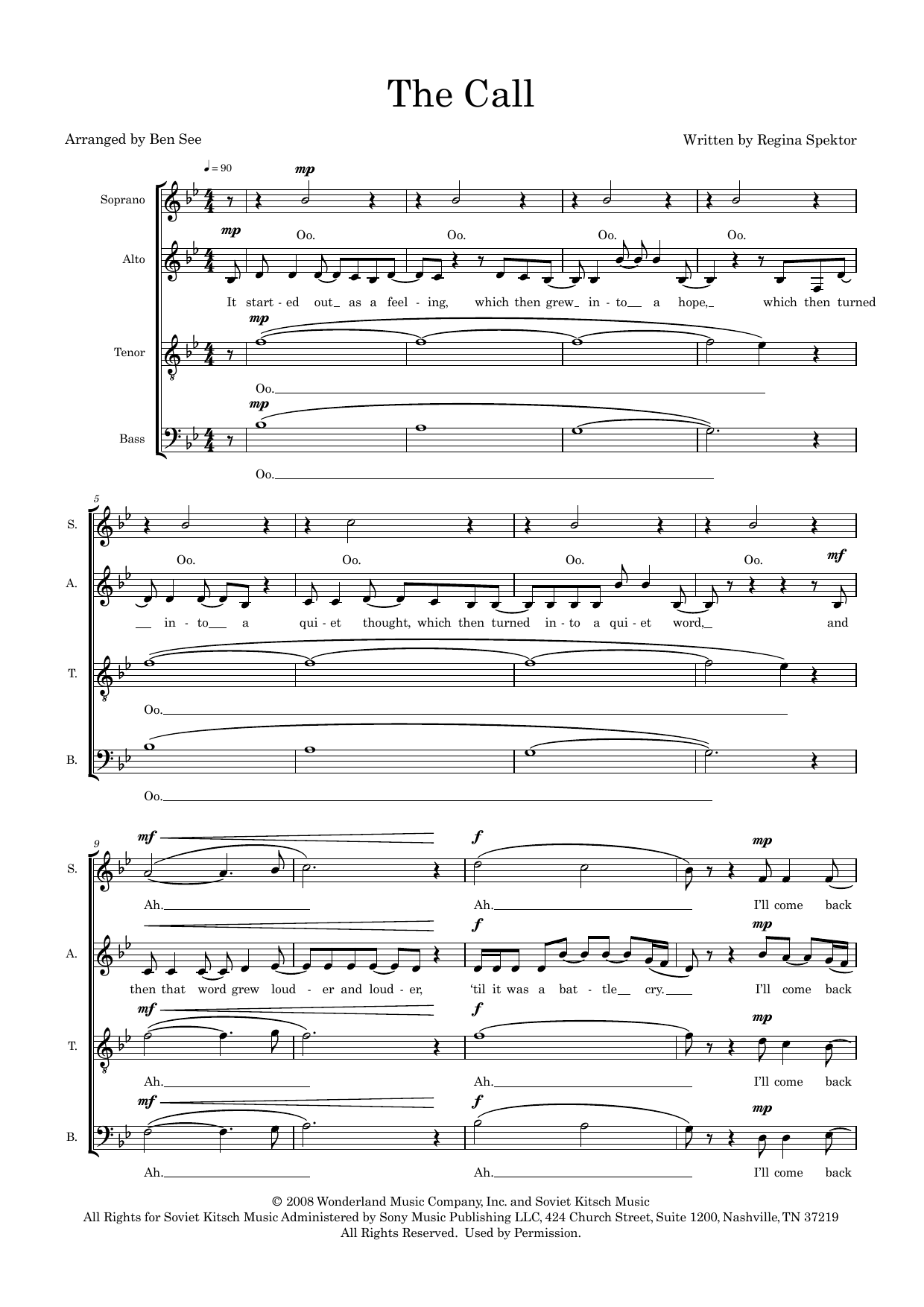 The Call (arr. Ben See) By Regina Spektor Free Sheet Music