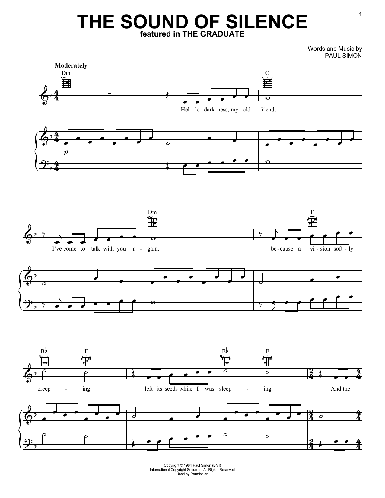 The Sound Of Silence By Simon And Garfunkel Free Sheet Music