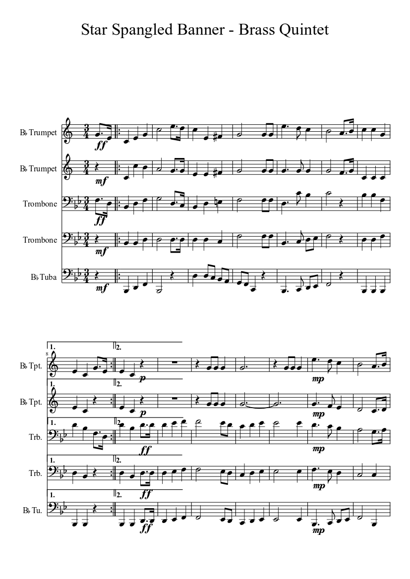 The Star-Spangled Banner - For Brass Quintet By John Stafford Smith Free Sheet Music