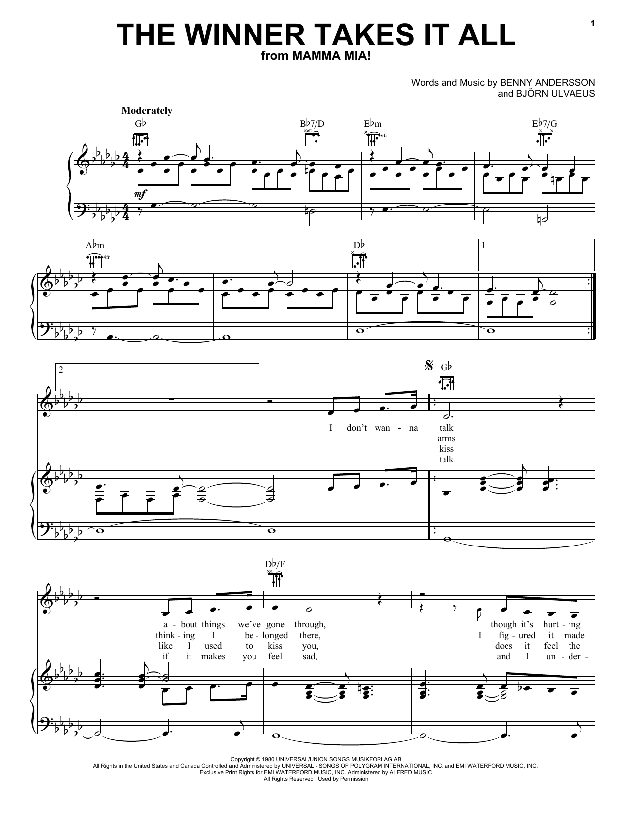 The Winner Takes It All By ABBA Free Sheet Music