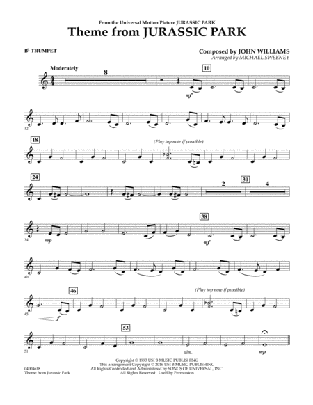 Theme From Jurassic Park - Bb Trumpet By Michael Sweeney Free Sheet Music