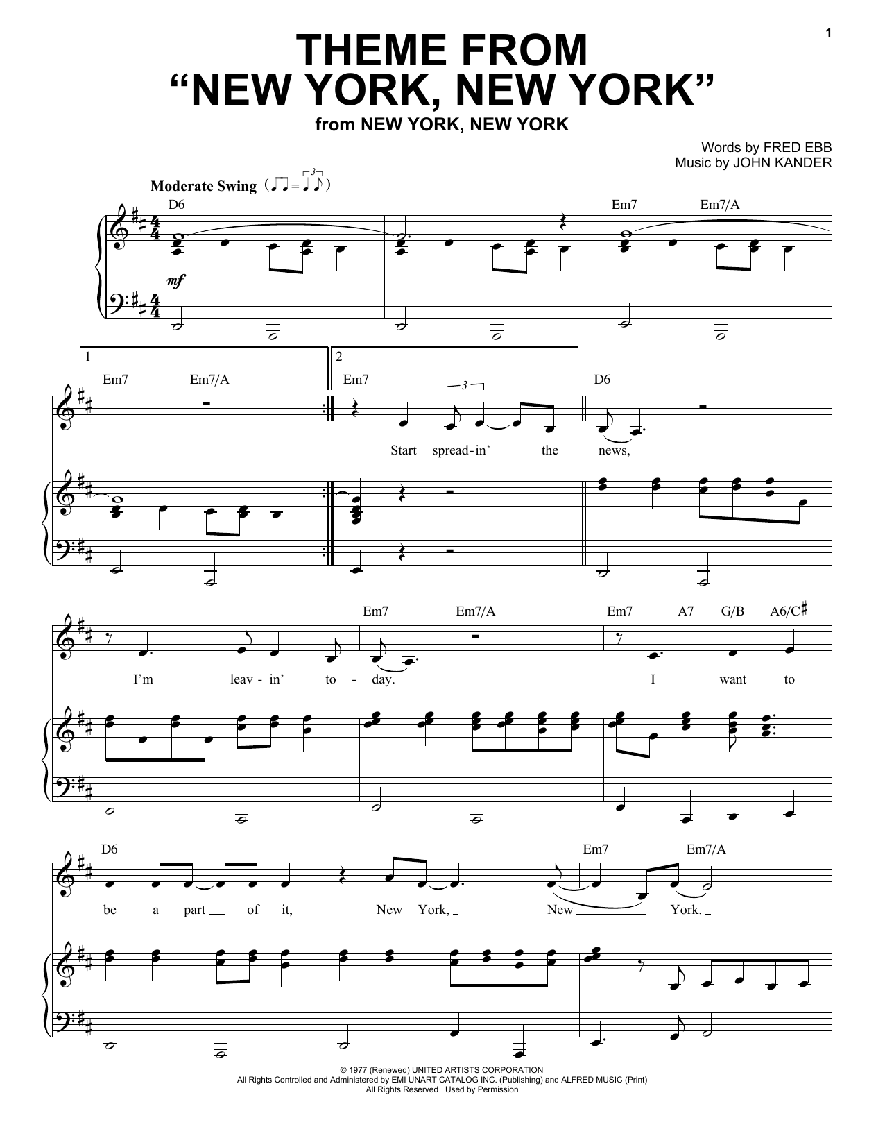 Theme From New York, New York By Frank Sinatra Free Sheet Music