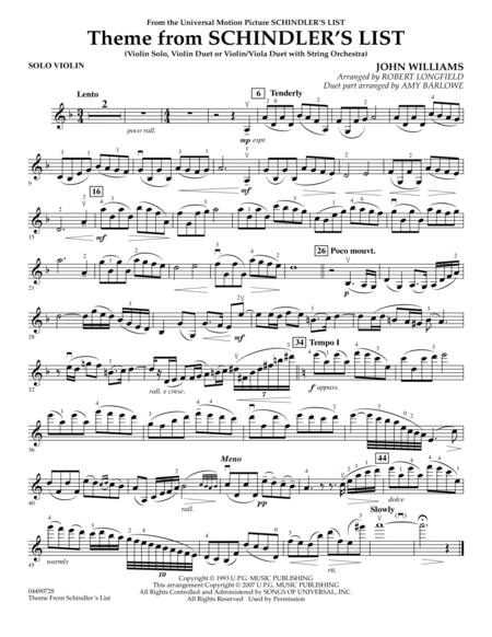 Theme From Schindler's List - Solo Violin By John Williams Free Sheet Music