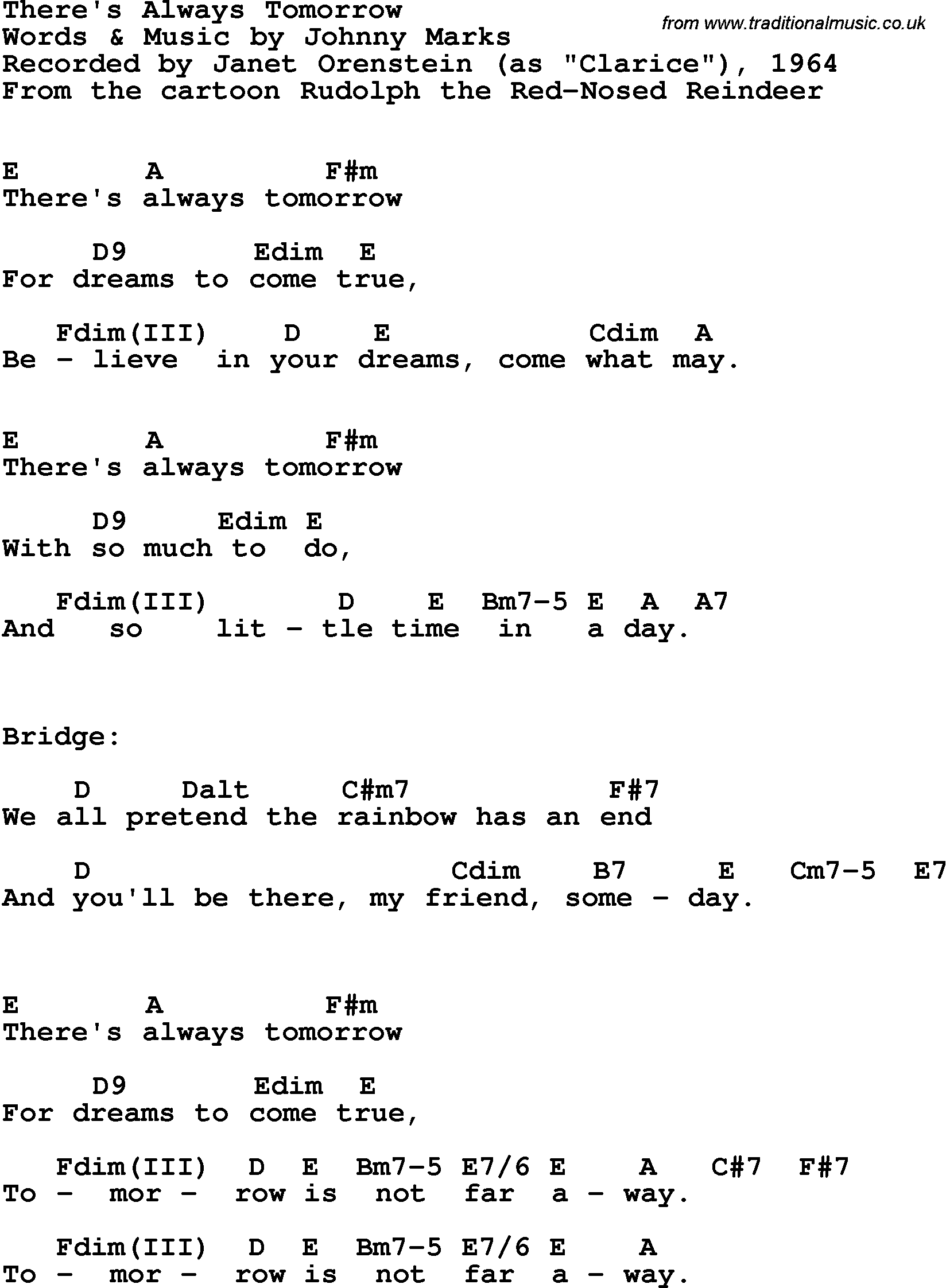 There's Always Tomorrow By Johnny Marks Free Sheet Music