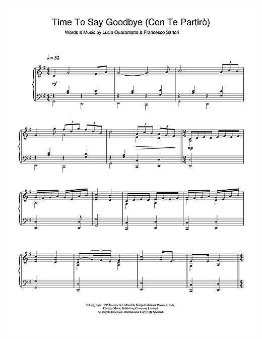 Time To Say Goodbye (Con Te Partiro) By Sarah Brightman & Andrea Bocelli Free Sheet Music