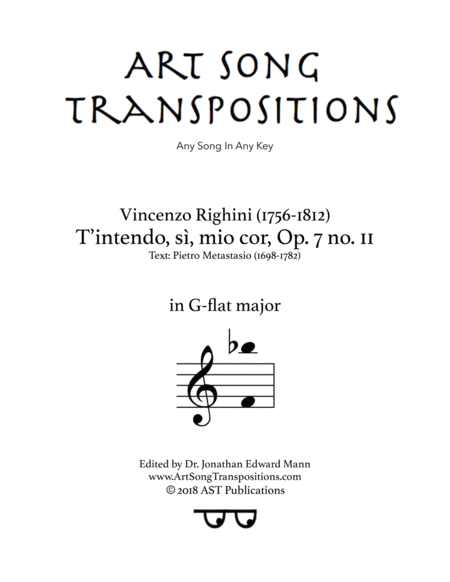 T'intendo, Sì, Mio Cor, Op. 7 No. 11 (G-flat Major) By Vincenzo Righini Free Sheet Music