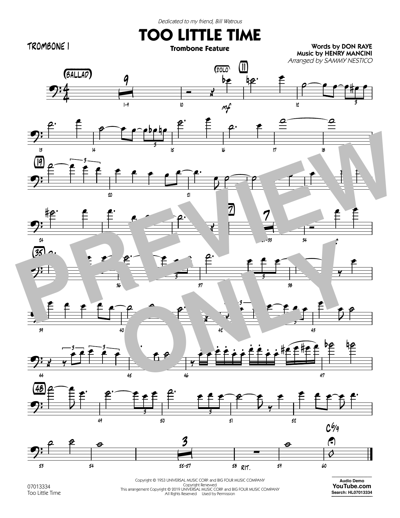 Too Little Time (Solo Trombone Feature) By Bill Watrous Free Sheet Music