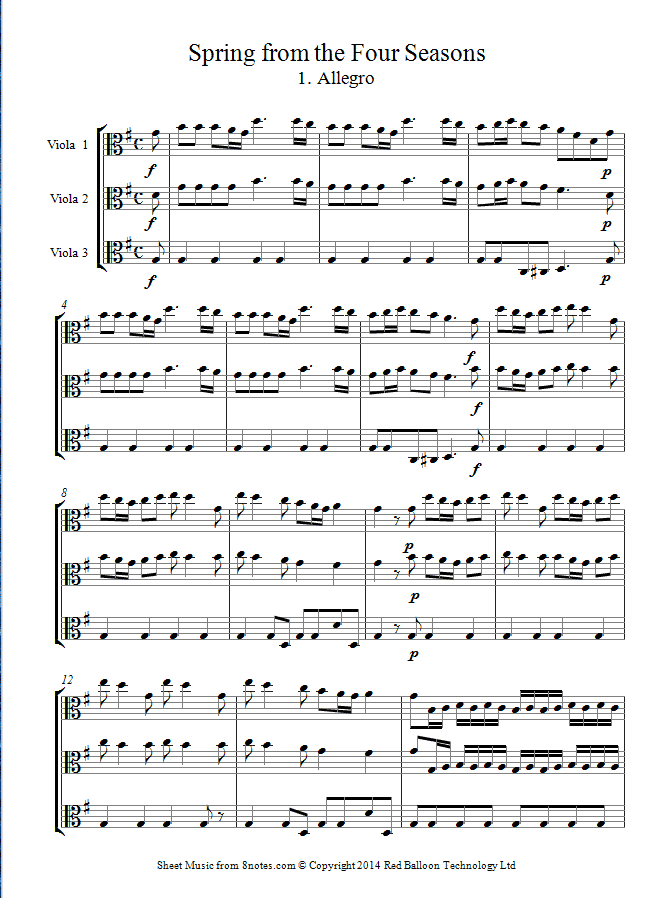 TRIO - Four Seasons Spring (Allegro) For VIOLIN, VIOLA And PIANO - E Major By Antonio Vivaldi Free Sheet Music