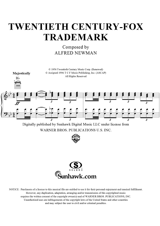 Twentieth Century Fox Trademark By Alfred Newman Free Sheet Music